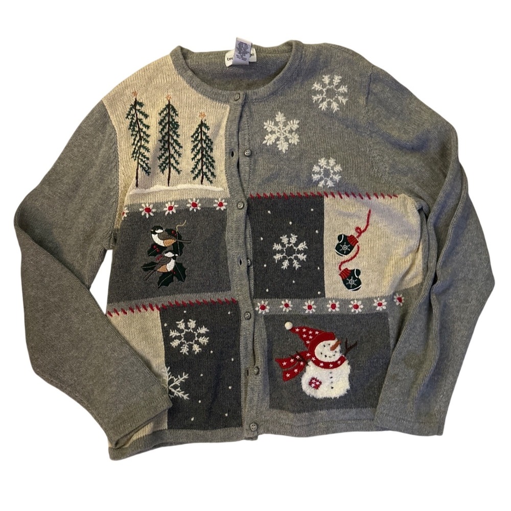 Breckenridge Christmas Cardigan Sweater Womens Large Gray Snowman Snowflake